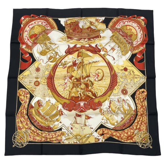 Hermes Scarf Carre 90 pau-dela Des Cinq Mers Five Seas Beyond Silk Black
